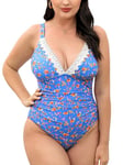 CUPSHE Maillot de bain pour femme grande taille en dentelle avec col en V, froncé sur le devant, contrôle du ventre avec larges bretelles réglables, Bleu/violet clair/floral, L