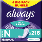 Always Dailies Panty Liners, Normal, 216 Liners (54 X 4 Packs), Odour Neutralise