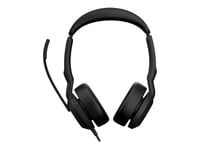 Jabra Evolve2 50 UC Stereo - Micro-casque - sur-oreille - Bluetooth - sans fil - Suppresseur de bruit actif - USB-A - noir