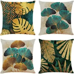 45 x 45 cm, Set med 4 st Teal och Guld Blad Kuddfodral