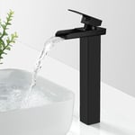 Robinet Salle Bain Cascade Noir Mat, Mitigeur Lavabo Cascade Haut, Robinet Lavabo avec bec Hauteur, Robinetterie Vasque à Poser Carré en Laiton, Eau