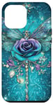 Coque pour iPhone 15 Pro Max Libellule avec rose bleue – Design élégant et mystique