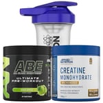 Applied Nutrition Bundle ABE Pre Workout 375g + Creatine 250g + 700ml Protein Shaker | All Black Everything Pre Workout Powder, Energy & Performance with Creatine, Beta Alanine (Sour Apple)