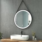 Heilmetz - Miroir Salle de Bain Rond led 70 cm Diamètre, Miroir Salle de Bain avec Interrupteur Tactile, Monture Noire et Bandoulière réglable