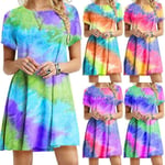 Women Tie Dye Baggy Mini Dress Summer Short Sleeve Party Holiday Blue L