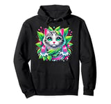 Beloved Cat with Green Leaves Cat Lovers Pink Waterfalls Pullover Hoodie