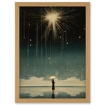 Falling Star Rain Dreamy Artwork Bright Star Wish Woman with Umbrella Fairytale Dreamscape Artwork Framed Wall Art Print A4