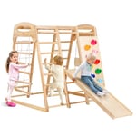 VEVOR Aire de Jeux Intérieure 7-en-1, Terrain de Jeux en Bois, avec Échelle en Bois et Corde, Échelle en Filet, Balançoire, Barre de Singe, Toboggan, Mur d'escalade, École, Maison, 120x109x121 cm