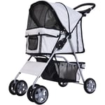 Poussette buggy pliable animaux chariot pliant chien chat porte-gobelet panier de rangement inclus roues avec frein tissu 600D Oxford métal gris