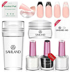 Saviland French Tip Stamp Kit -10PCS French Nail Stamper Kit With 2 Specific Nail Stamping Gel Nail Polish, Peel off Latex Tape, Nail Scraper and Replaceable Nail Stamper Head For French Mainicure Kit