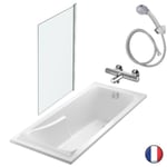 Baignoire JACOB DELAFON Corvette, vidage + mitigeur mural et douchette + pare bain 170 x 70