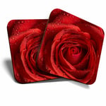 2 x Coasters - Red Rose Macro Shot Water Droplets Home Gift #16707