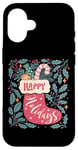 Coque pour iPhone 16 Chaussette bohème Happy Holidays rétro en forme de canne à sucre d'orge de Noël