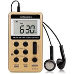 Retecess V112 Personal Pocket Radio AM/FM Mini Portable Receiver med laddningsbart batteri, 3,5 mm hörlurar (guld)