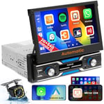 Hikity 2G 64G Android 13 Carplay sans Fil Autoradio 1 Din Écran Automatique Rétractable 7Pouces Poste Radio 1 Din GPS Auto Con WiFi Bluetooth Android Auto FM AUX 2USB Mirror Link SWC Caméra de Recul