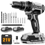 DYJPOW Cordless Drill Driver 21V, Cordless Hammer Drill with 2 Batteries 2000mAh, 25+3 Torque, 42N.m Max Electric Drill, 14PCS Drill Bits, 2 Speed, LED Light for Home and Garden DIY Project, Grey