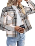 Zeagoo Veste de Transition à Carreaux pour Femme Shacket Court à Manches Longues Manteau en Flanelle avec Boutons Veste d'Automne pour Femme Gris L