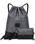 LIVACASA Sac à Cordon de Sport Yoga Impermeable Sac de Gym Étanche Ultra-léger Pliable Sac à Dos à Cordon pour Gym Ecole Natation Piscine Plage Camping Voyage (Gris avec Une Pochette, H 42cm L 33cm)