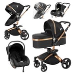 Magic ZC PU Leather 3 in 1 Pushchair Pram Travel System, Baby Stroller 3 in 1 with 360° Rotatable Seat, Newborn Infant Carriage One-Click Folding, Toddler Buggy Aluminum Frame (906 Black)