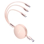 HOU 3 in 1 USB C Fast Charger Cable, Retractable Multi-Connector Charging Cable for iOS/Android Phones and Tablets, with iP Type C Micro USB Connectors, Pink