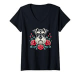 Womens Roses Flowers Miniature Schnauzer Schnauzers V-Neck T-Shirt