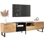 Meuble TV moderne avec grande rangement, construction robuste, 190x38x48 cm, Noir et Naturel