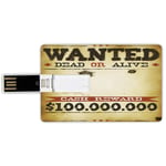 16G USB Flash Drives Credit Card Shape Western Memory Stick Bank Card Style Old Wanted Placard Print Dead or Alive Bounty Hunter Cash Reward,Light Brown Cinnamon Black Waterproof Pen Thumb Lovely Jump