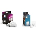 Philips Hue White & Colour Ambiance Smart Light Bulb Twin Pack LED [E27] with Bluetooth - 1100 Lumen + Hue Smart Button. Works with Alexa, Google Nest, Apple Homekit.