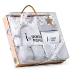 Coffret cadeau pour bébé: ensemble 5 pièces, modèle I love Mama Papa, gris