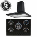 SIA 70cm Black 5 Burner Gas On Glass Hob & Chimney Kitchen Extractor Cooker Hood