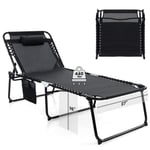 Costway Chaise Longue Pliante Avec Appuie-Tête Amovible Dossier Réglable À 4 Positions Acier Antirouille, Poche, 188x69x40 Cm, Noir