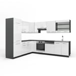 Vicco - Cuisine en angle Fame-Line, Blanc brillant/Anthracite, 227 x 60 cm sans plan de travail