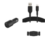 Belkin Premuim Car Bundle(42W Dual Port Fast Car Charger & USB-C to Lightning 1m charging cable & Vent Mount)