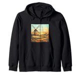 Whet Fields With Windmills Vintage Landscape Graphic Zip Hoodie