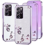 Kainevy pour Coque Samsung Note 20 Ultra 5G Transparent Paillette Fleur Motif pour Femme Fille Antichoc Etui Samsung Galaxy Note 20 Ultra Coque Silicone Ultra Fine Jolie Luxe Case (Violet+Argenté)