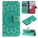 SATURCASE Coque pour Samsung Galaxy A14, Fleur du Soleil Gaufrage PU Cuir Magnétique Flip Portefeuille Support Porte-carte Protecteur Housse Étui avec Dragonne pour Samsung Galaxy A14 (TY-Vert)