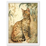 Marble Coat Bengal Cat Perched on Street Wall Watercolour Illustration Artwork Framed Wall Art Print A4