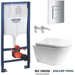 Pack réservoir intégré avec Bati-Support Grohe et plaque- chrome brillant avec wc à suspension sans rebord orion glossy white enveloppant abattant