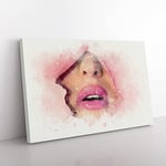 Pink Lips Breaking Through In Abstract Modern Art Canvas Wall Art Print Ready to Hang, Framed Picture for Living Room Bedroom Home Office Décor, 50x35 cm (20x14 Inch)