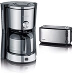 Severin Cafetière Filtre TypeSwitch, 1 000W, 1L, Juqu'à 8 tasses, Sélecteur d’arôme, Verseuse isotherme & Grille-pain automatique 1 400 W, Toaster compact 2 fentes jusqu'à 4 tranches, inox/noir