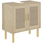 HOMCOM Meuble Salle de Bain sous lavabo, Meuble sous lavabo, Portes en rotin, Style bohème, Pieds en Bois de pin, 2 Niveaux, 60 x 30 x 60 cm, chêne