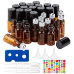 BENECREAT 30 PACK 3ml Amber Glass Roller Bottle with Black Cap Mini Brown Essential Oil Roll on Bottle with 4PCS Hoppers, 1PC Opener, 10 PCS Droppers and 1 Sheet Sticker for Aromatherapy Fragrance