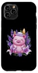 Coque pour iPhone 11 Pro Cochon en style dessin animé kawaii avec lavande et lys