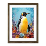 Artery8 King Penguin in Colourful Floral Flowers Nest Thick Paint Oil Painting Yellow Black Blue Colourful Artwork Framed Wall Art Print 18X24 Inch