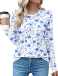 Rapbin Women's Casual Crew Neck T-Shirts Loose Long Sleeve Pleated Summer Tops Tunic Blouses,White & Blue Floral,L