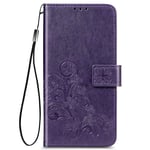 UILY Case Compatibel for Xiaomi Redmi 9AT, Stylish PU Leather Flip Wallet Cover, Shell with Four Leaf Clover Pattern Bracket Function Anti Fall. Purple