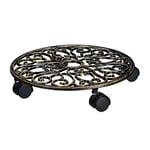 Relaxdays Porte-plantes rond à roulettes en fonte aluminium support pot de fleurs 4 roues 33,5 cm diamètre plateau métal design style antiquités stable et résistant, bronze