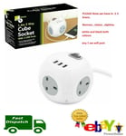 3 Way Power Cube Socket with 3 USB Ports & 1.4M Electric Extension Lead 