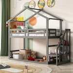 Lit superposé d'enfant 90x200cm - lit cabane avec escalier de sécurité, cadre de lit en bois massif avec sommier à lattes - gris