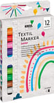 Kreul 90720 - Textil Marker medium Junior, 12 crayons de couleur pour textiles clairs, avec pointe en fibre résistante, épaisseur de trait d'environ 2-4 mm, résistant au lavage après fixation